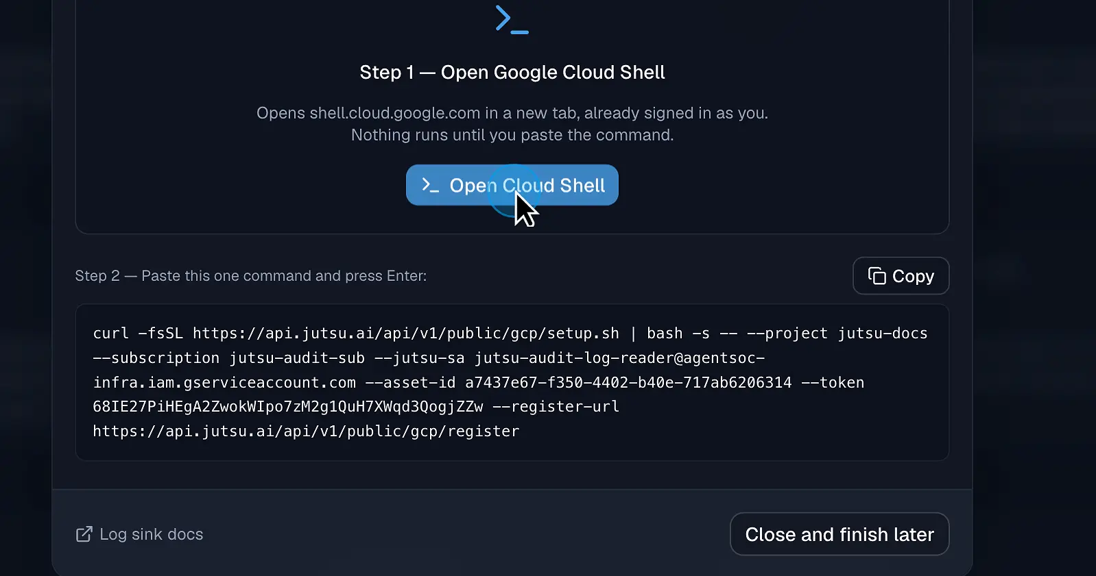 Figure 9. Open Google Cloud Shell, then copy the one-command setup line.