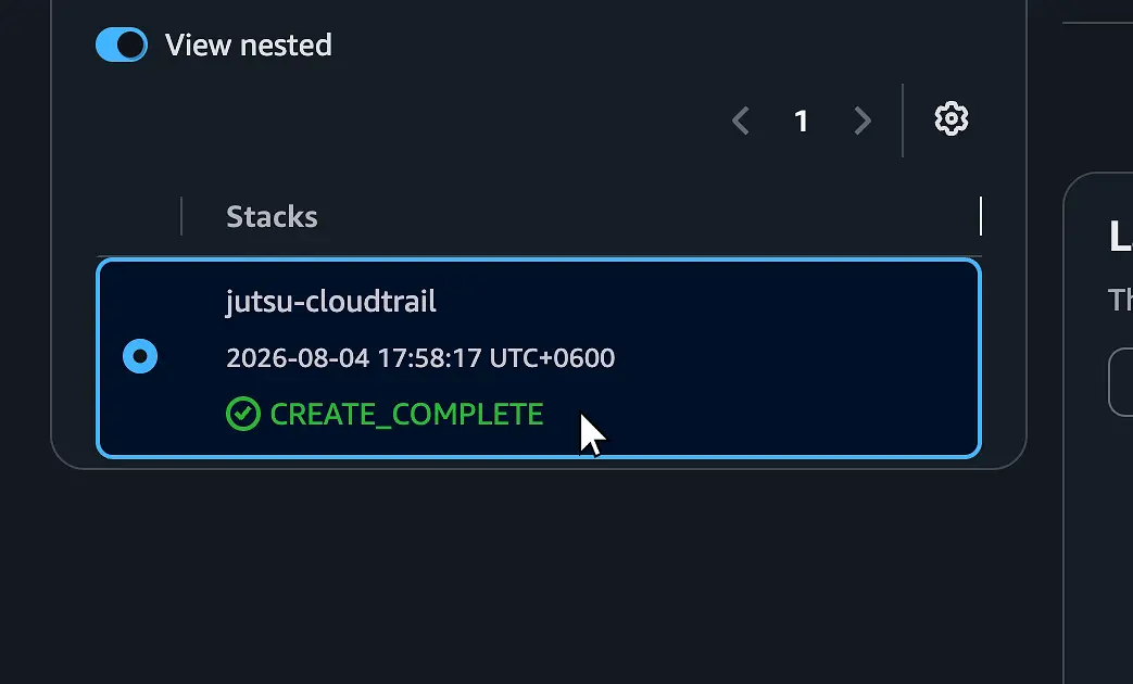 Figure 8. The jutsu-cloudtrail stack has reached CREATE_COMPLETE.
