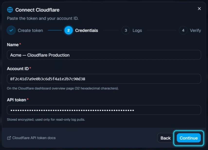 Figure 9. Name the connection, paste the Account ID and token, then select Continue.