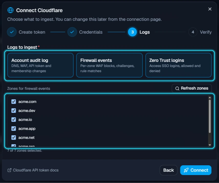 Figure 10. Choose the logs and the zones for firewall events, then select Connect.