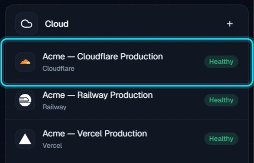 Figure 11. The Cloudflare connection is listed under Cloud as Healthy.