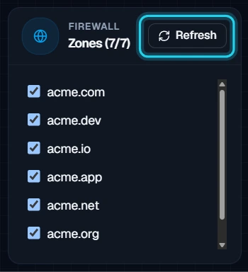 Figure 14. The Zones card. Select Refresh to pick up new domains.