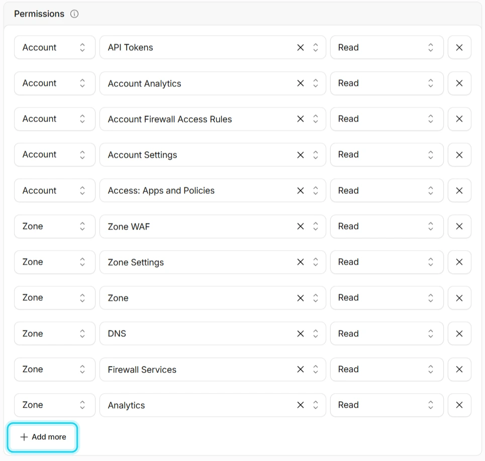 Figure 4. All eleven permissions, each set to Read. Use + Add more for each one.