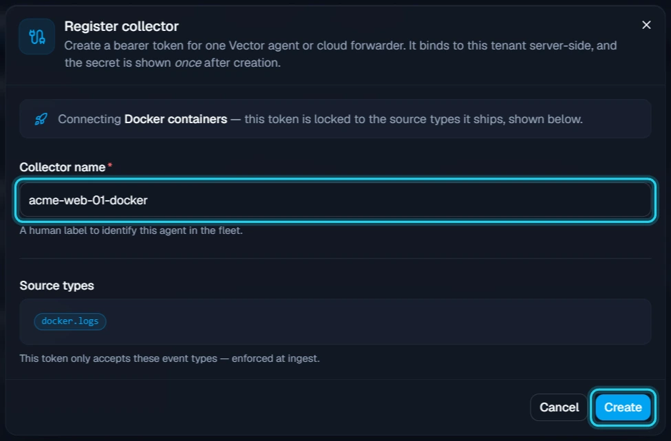 Figure 3. Name the collector, then select Create.