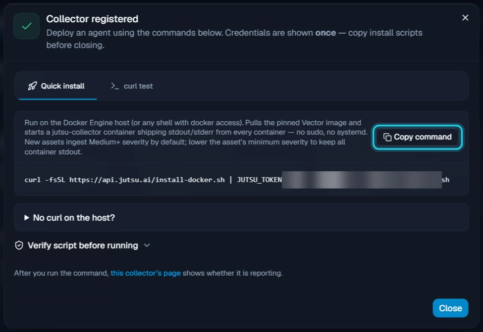 Figure 4. The Collector registered dialog. The token in the command is shown once.