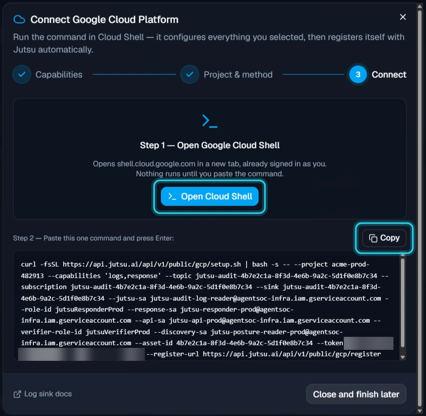 Figure 5. Copy the command, then select Open Cloud Shell.
