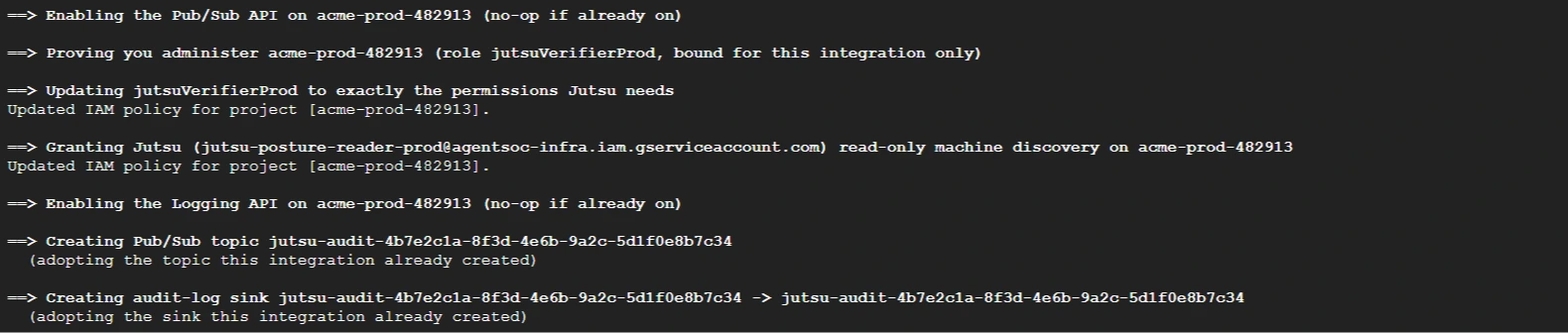 Figure 8. The setup script proves control of the project and creates the audit-log pipeline.