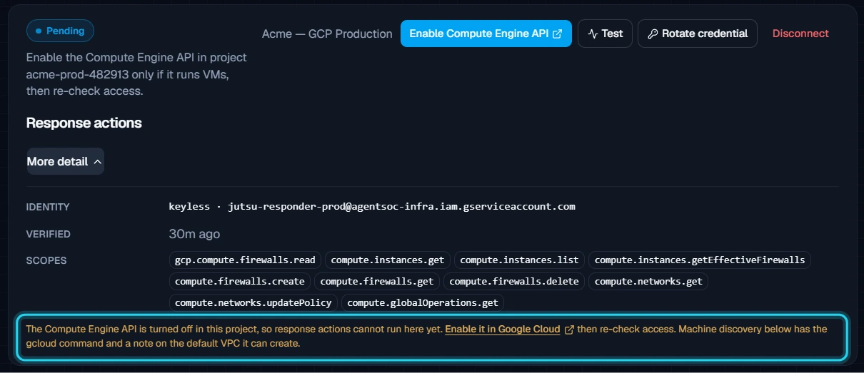 Figure 12. Response actions stays Pending until the Compute Engine API is on.