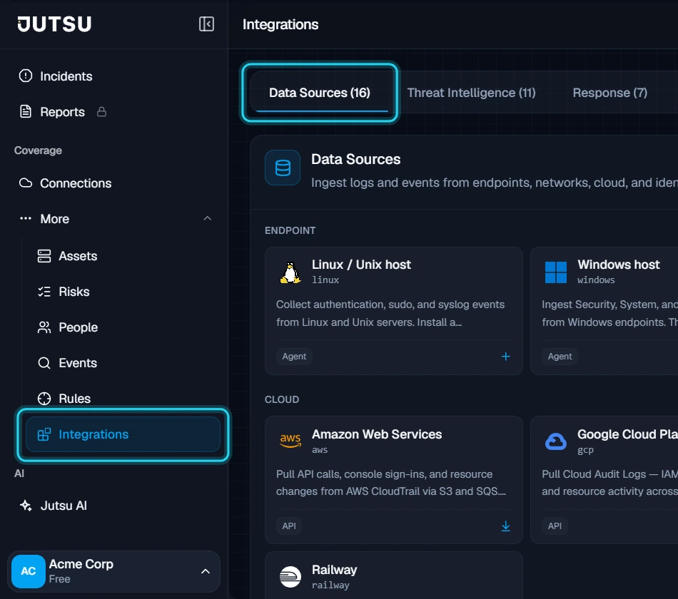 Figure 1. Open Integrations. Data Sources is selected.