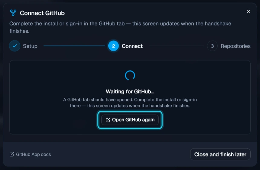 Figure 4. Jutsu waits while you install the App on GitHub.