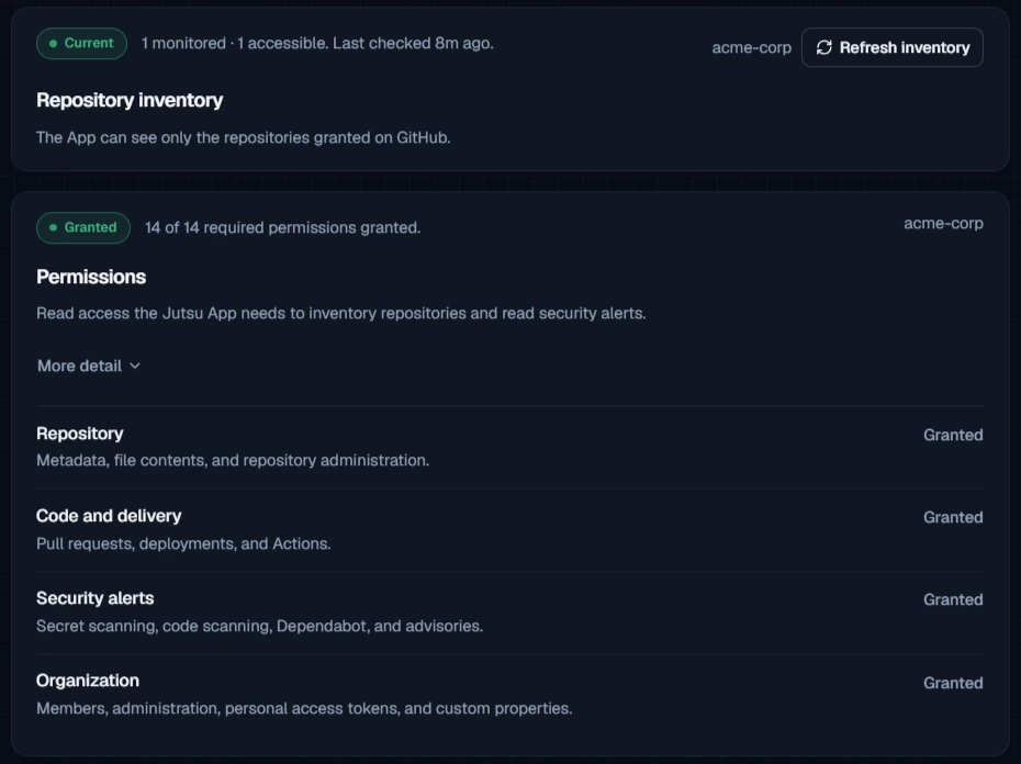 Figure 12. The repository inventory and the App's permissions.