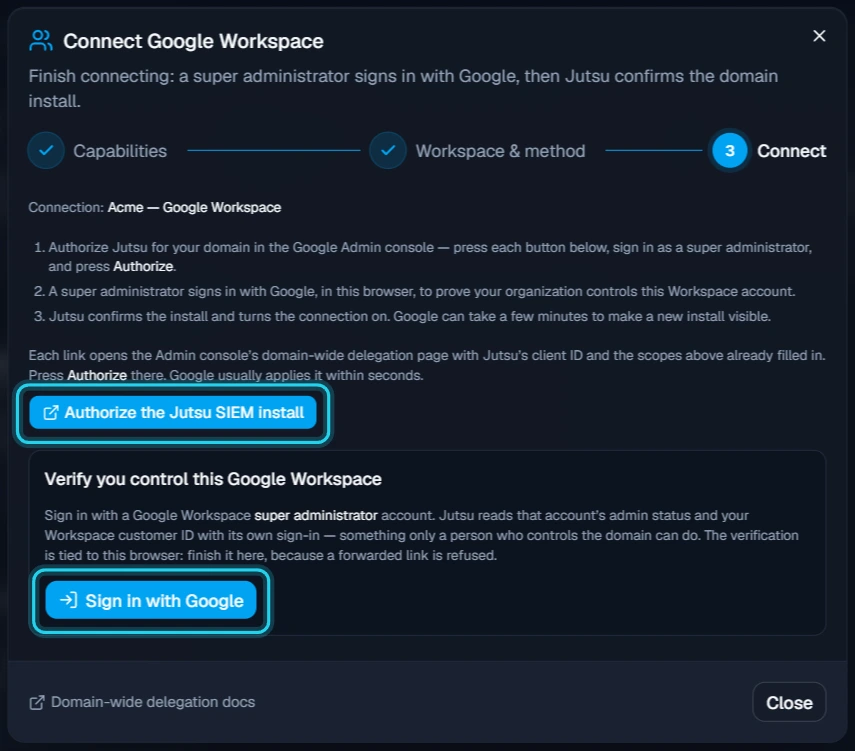 Figure 7. The Connect step. Authorize the install, then sign in with Google.