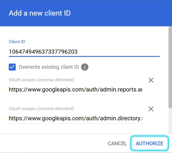 Figure 8. The Admin console's Add a new client ID dialog, already filled in. Select Authorize.