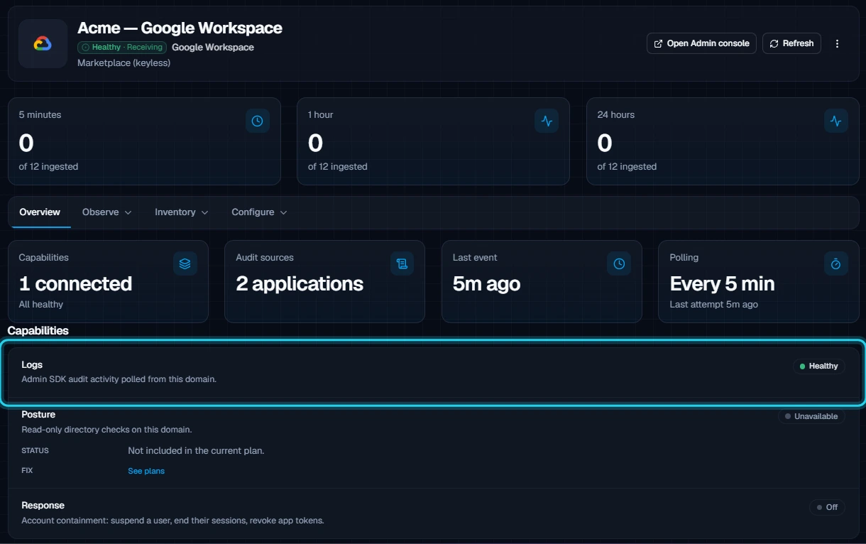 Figure 13. A healthy Google Workspace connection. Logs is Healthy.