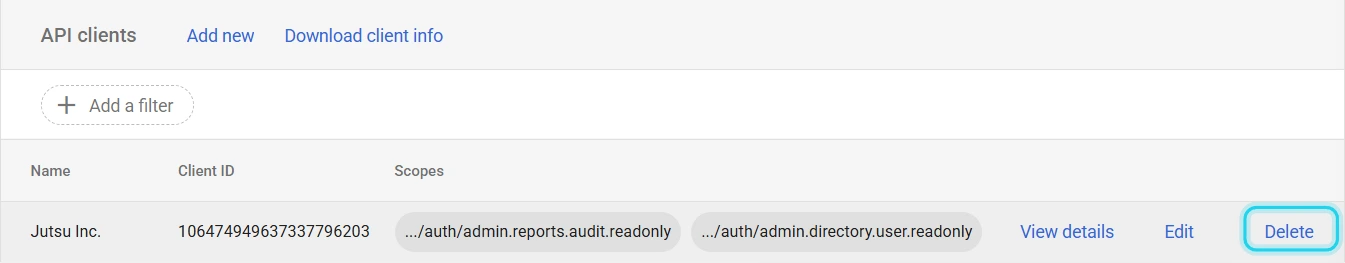 Figure 19. Delete the Jutsu Inc. entry in the Admin console.