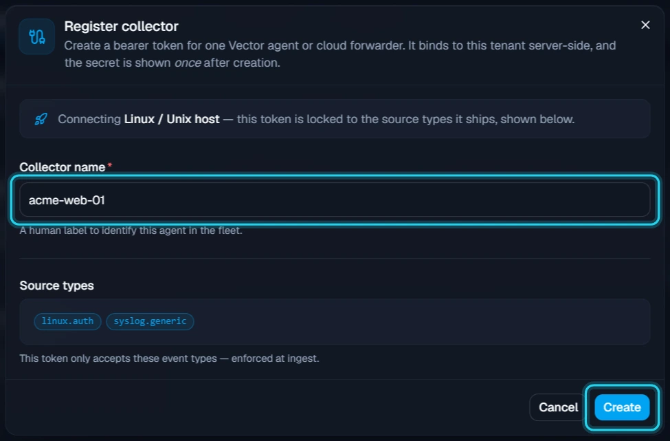 Figure 3. Name the collector, then select Create.