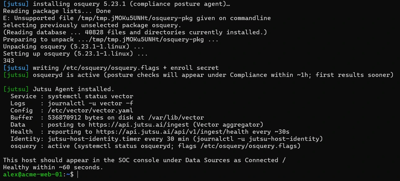 Figure 8. The installer finished. osquery is active and the agent is installed.