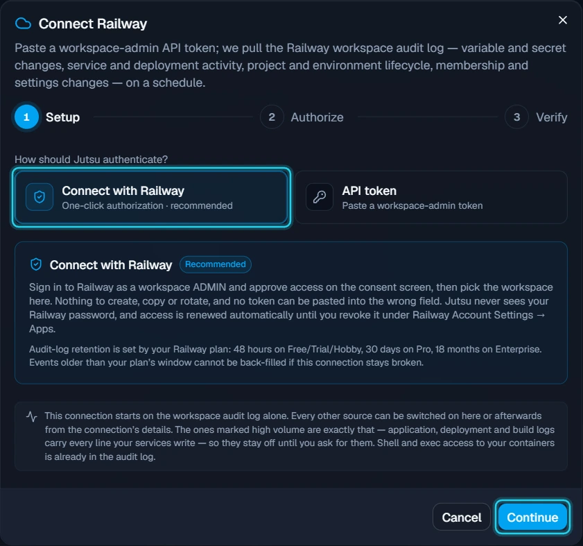Figure 3. Connect with Railway is selected. Select Continue.