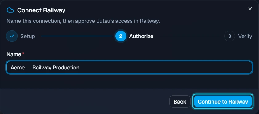 Figure 4. Name the connection and select Continue to Railway.