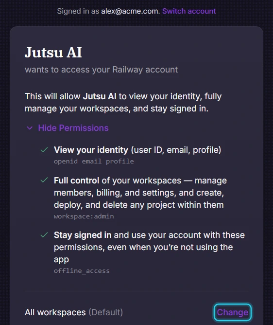 Figure 5. Railway's consent screen for Jutsu AI. Select Change to choose workspaces.