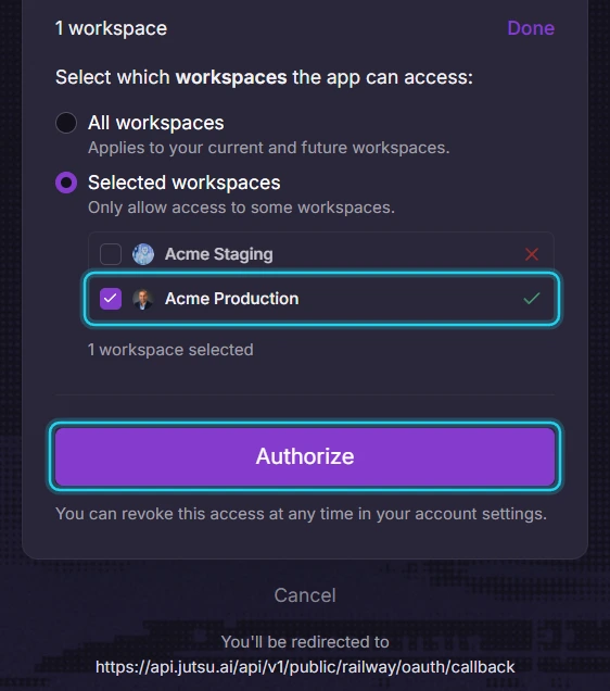 Figure 6. Tick only the workspace to monitor, then select Authorize.