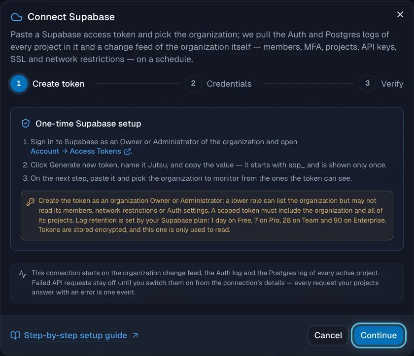 Figure 3. The Create token step lists the Supabase setup. Select Continue when you have the token.
