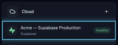 Figure 10. The Supabase connection is listed under Cloud as Healthy.