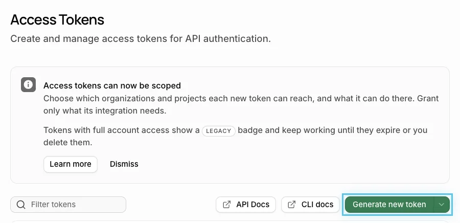 Figure 4. The Access Tokens page in your Supabase account. Select Generate new token.