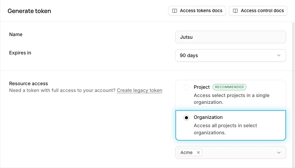 Figure 5. Name the token, set an expiry, and choose Organization under Resource access. Then pick your organization.