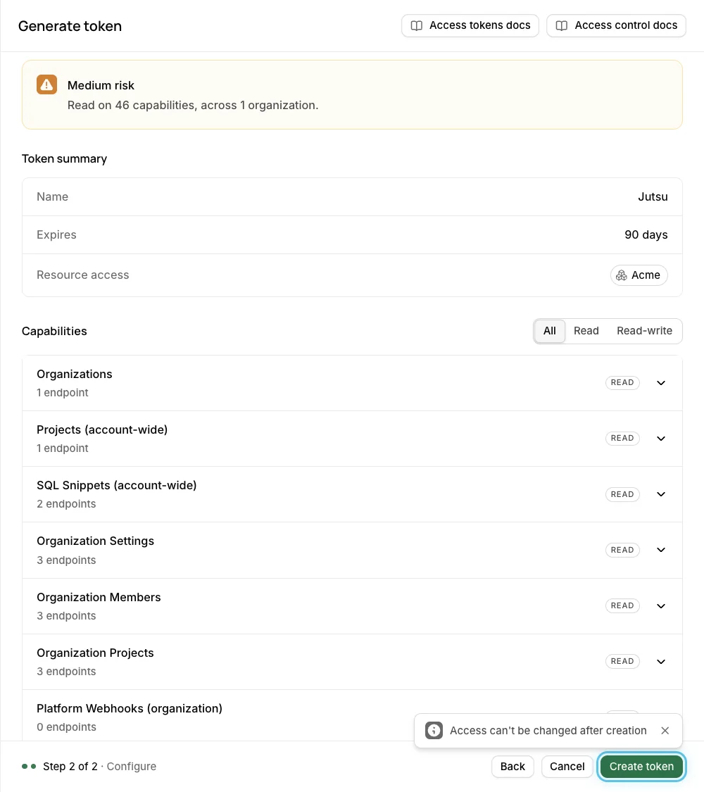 Figure 7. The review step. Every capability is READ. Select Create token.