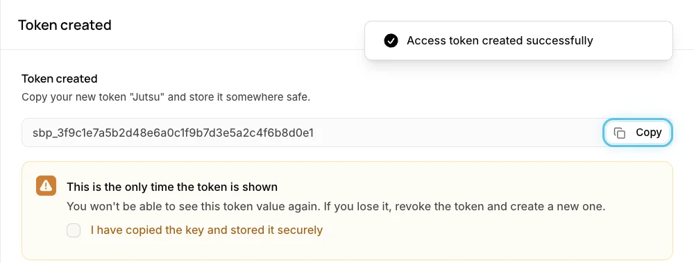 Figure 8. Copy the token. Supabase won't show it again.