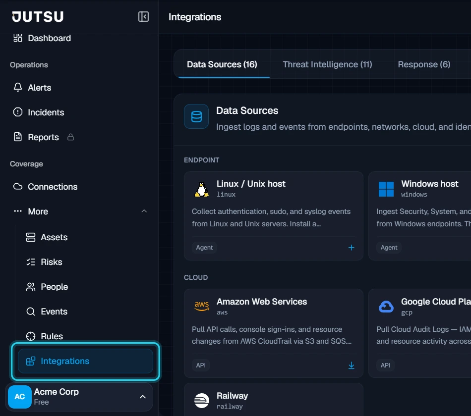 Figure 1. Open Integrations. Data Sources is selected.