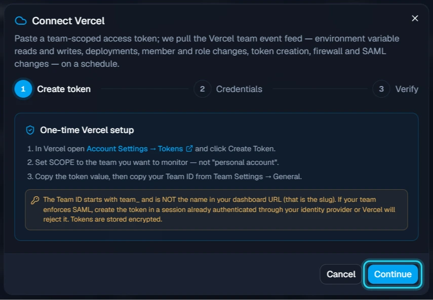 Figure 3. The Create token step lists the Vercel setup. Select Continue when you're ready to paste.