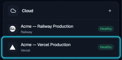 Figure 8. The Vercel connection is listed under Cloud as Healthy.