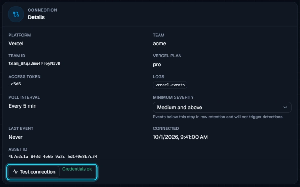 Figure 9. Test connection confirms that the credentials are valid. Team and Vercel plan show which team was connected.