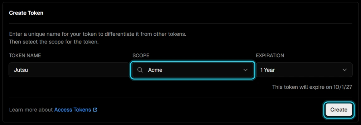 Figure 4. Name the token, set Scope to your team, choose an expiry, then select Create.