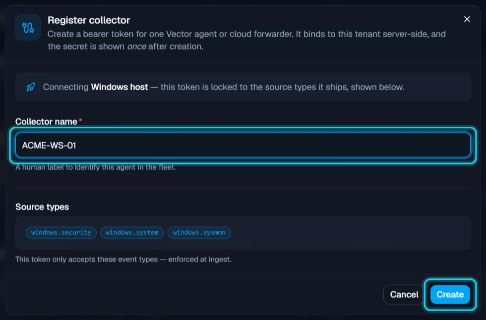 Figure 3. Name the collector, then select Create.