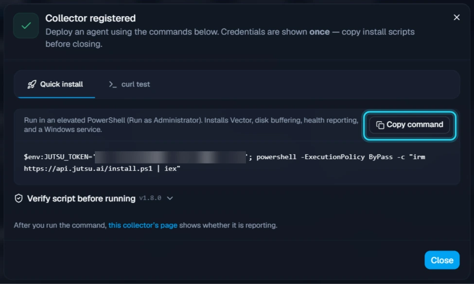 Figure 4. The Collector registered dialog. The token in the command is shown once.
