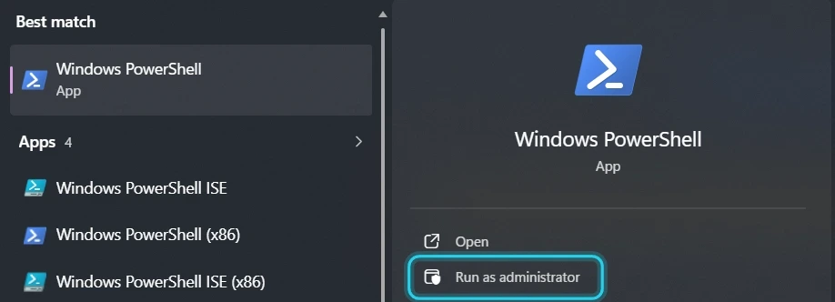 Figure 6. Search for Windows PowerShell and select Run as administrator.