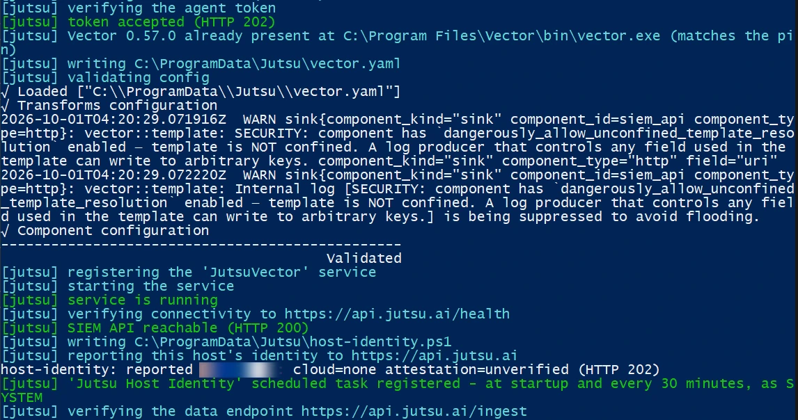 Figure 7. The installer checks the token, installs Vector, and starts the JutsuVector service.