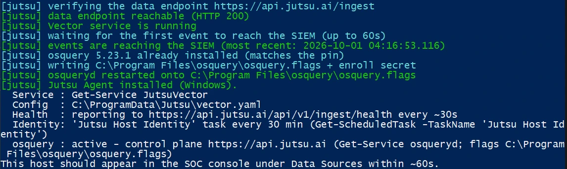 Figure 8. The installer finished. Events are reaching Jutsu.