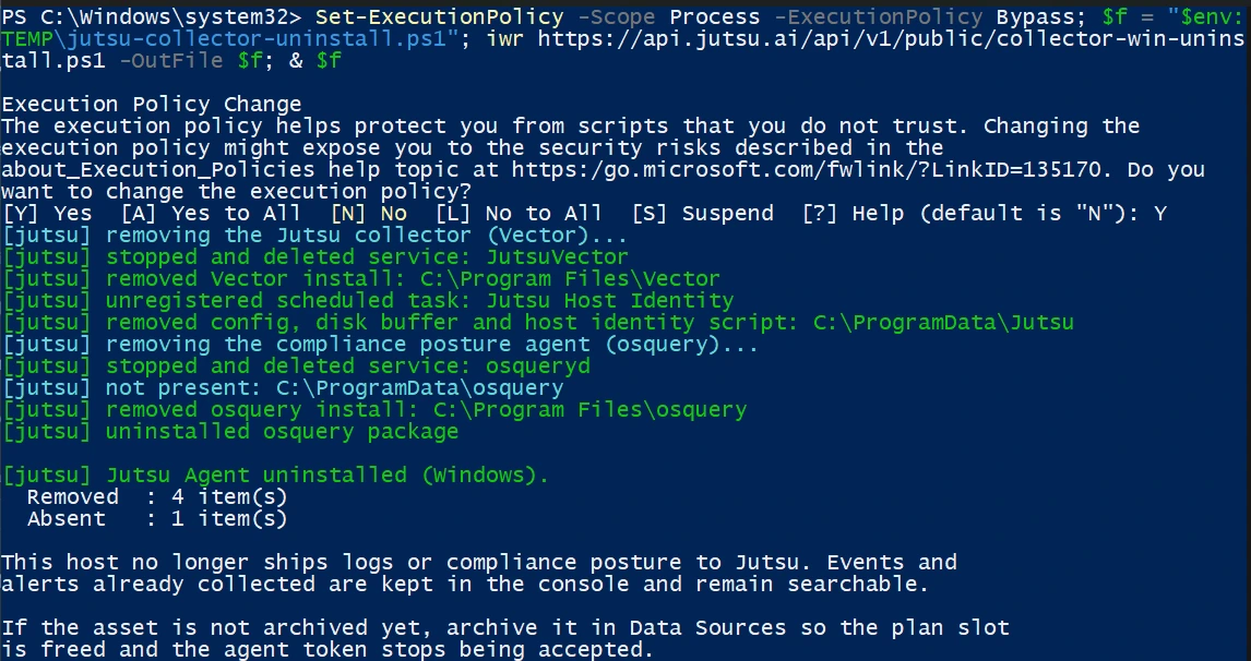 Figure 15. The uninstaller removed the agent and osquery.